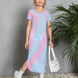Vestido Informal De Camiseta Con Mangas Cortas Y Diseno Tie-dye Y Abertura En El Dobladillo Para Chicas Adolescentes En Verano
