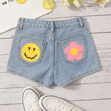 Shorts De Mezclilla Con Estampado De Flores Y Caras De Dibujos Animados Para Ninas Preadolescentes