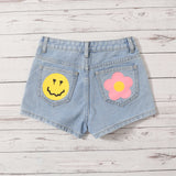 Shorts De Mezclilla Con Estampado De Flores Y Caras De Dibujos Animados Para Ninas Preadolescentes