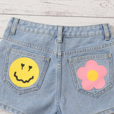 Shorts De Mezclilla Con Estampado De Flores Y Caras De Dibujos Animados Para Ninas Preadolescentes