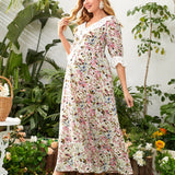 Maternidad Vestido con estampado floral con bordado con ojal de manga con volante con fleco de cintura con cordon