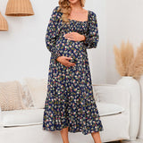 Maternidad Vestido floral de cuello cuadrado de manga farol bajo con fruncido