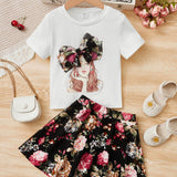 Playera con figura de nina joven con lazo al frente y falda con estampado floral