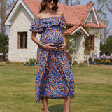 Maternidad Vestido con estampado floral de hombros descubiertos ribete con fruncido