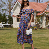 Maternidad Vestido con estampado floral de hombros descubiertos ribete con fruncido