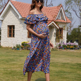 Maternidad Vestido con estampado floral de hombros descubiertos ribete con fruncido