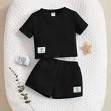 Conjunto De Camiseta Y Pantalones Cortos Tejidos Con Detalle De Parches Y Tejido Acanalado Para Recien Nacidas Ninas