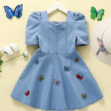 Young Girl Toddler Girls Butterfly Embroidery Puff Sleeve A-Line Denim Dress