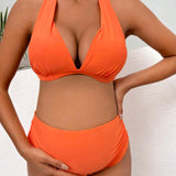 Conjunto de bikini de maternidad solido con escote halter, traje de bano de verano para playa