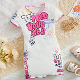 Vestido De Manga Larga Con Estampado De Lechuga Y Texto Para Bebe Nina Con Graficos Y Detalles De Cintas Contrastantes