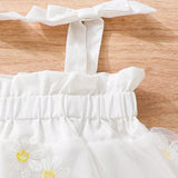 Vestido De Tirantes Para Bebe Recien Nacido Con Sobrefalda De Malla Bordada Floral Y Lazo En El Hombro