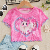 Camiseta Corta De Corte Acampanado Con Estampado De Corazones Y Gatos Para Ninas Preadolescentes Sin Camiseta Interna