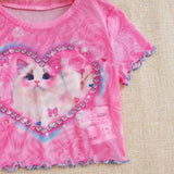 Camiseta Corta De Corte Acampanado Con Estampado De Corazones Y Gatos Para Ninas Preadolescentes Sin Camiseta Interna