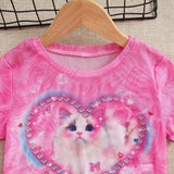 Camiseta Corta De Corte Acampanado Con Estampado De Corazones Y Gatos Para Ninas Preadolescentes Sin Camiseta Interna