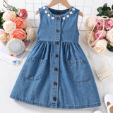 Young Girl Floral Embroidery Button Front Dual Pocket Denim Dress