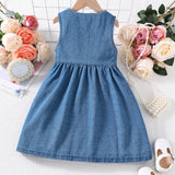 Young Girl Floral Embroidery Button Front Dual Pocket Denim Dress