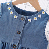 Young Girl Floral Embroidery Button Front Dual Pocket Denim Dress