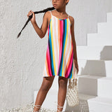 Vestido Casual Holgado Para Ninas Adolescentes Con Tirantes Ajustables Y Rayas Multicolores En Arco Iris