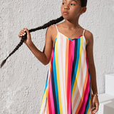 Vestido Casual Holgado Para Ninas Adolescentes Con Tirantes Ajustables Y Rayas Multicolores En Arco Iris