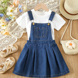 Young Girl 1pc Patched Pocket Pleated Detail Overall Dress