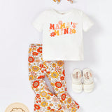 Camiseta Grafica Con Eslogan Y Pantalones De Pierna Acampanada Con Estampado Floral Y Banda Para La Cabeza Para Bebe Nina