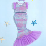 Nina recien nacida Set disfraz con estampado de escamas de pescado de malla en contraste sirena con diadema