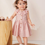 Cozy Cub Vestido de bebe nina con estampado de gingham, ribete de volantes y botones en la parte delantera