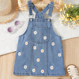 Young Girl Floral Print Pocket Patched Denim Overall Dress