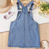 Young Girl Floral Print Pocket Patched Denim Overall Dress