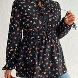 Maternidad Blusa peplum con estampado floral de cuello con cordon de manga con volante