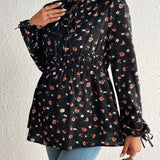 Maternidad Blusa peplum con estampado floral de cuello con cordon de manga con volante