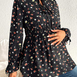 Maternidad Blusa peplum con estampado floral de cuello con cordon de manga con volante