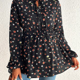 Maternidad Blusa peplum con estampado floral de cuello con cordon de manga con volante