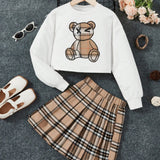 Chica preadolescente Pullover con estampado de oso & Falda fruncido de cuadros