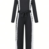 Tween Girl Contrast Lace Belted Jumpsuit