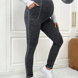 Maternidad Leggings de cintura ajustable con puntada con bolsillo para telefono