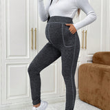 Maternidad Leggings de cintura ajustable con puntada con bolsillo para telefono