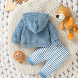 Bebe nino Capucha con bordado de dibujos animados de peluche & Pantalones de rayas