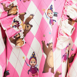 X Masha and The Bear Chica Joven Vestido con rombo & con estampado de dibujos animados ribete con fruncido