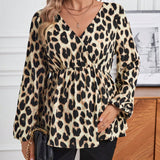 Maternidad Blusa peplum con estampado de leopardo de manga farol