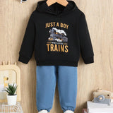 Sudadera Con Capucha Con Impresion De Ferrocarril Y Letras Con Pantalones Deportivos Para Bebe, Ropa Diaria