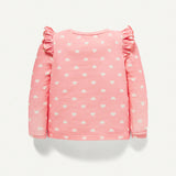 Cozy Cub Top De Manga Larga Con Cuello Redondo Y Estampado En Forma De Corazon Para Ninas Con Dobladillo De Hoja De Loto, 2 Unidades/juego