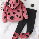 Conjunto de sudadera con capucha y leggings con estampado de corazon para nina joven