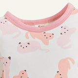 Cozy Cub Baby Girl Snug Fit Pajama Set With Fun Cat Pattern Color Block Round Neck Long Sleeve Pullover And Long Pants
