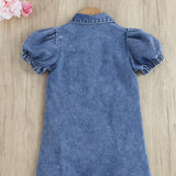Little Girls' Vintage Casual Medium Blue Wash Puff Sleeve Frayed Hole Denim Dress