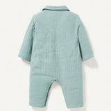 Cozy Cub Rompers Para Recien Nacidos Con Cuello De Solapa Vuelta, Manga Larga, Hombros Caidos Y Parche Decorativo Impreso Para Ninos