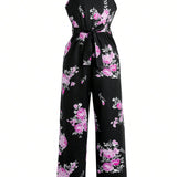 Tween Girls'  Elegant Sleeveless Halter Floral Jumpsuit With Waistband