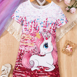 Vestido Impreso De Unicornio Y Brillo Para Ninas Pequenas