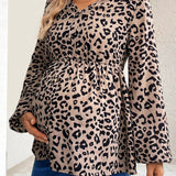 Camisa De Manga Larga Y Estampado De Leopardo Para Mujeres Embarazadas Con Mangas Tipo Linterna