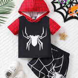 Conjunto De Camiseta Con Capucha Y Shorts Con Estampado De Spider Para Bebe Nino